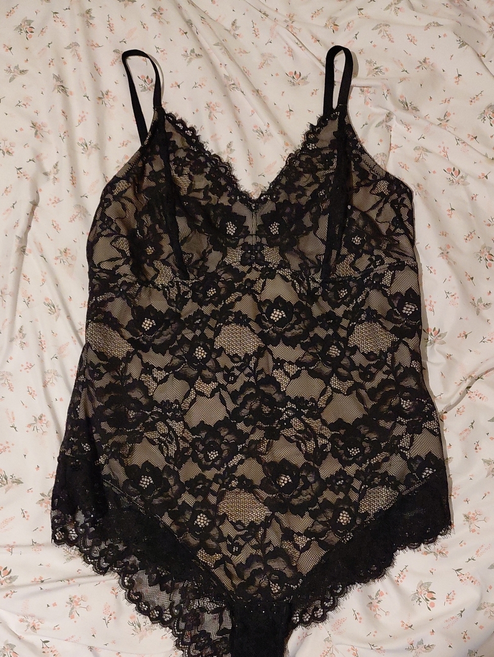 Sheer Black Lace Bodysuit with Scalloped Trim